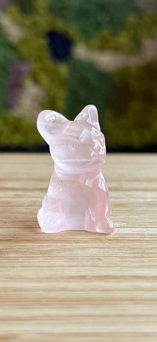Natural Rose Quartz Hand-Carved French Bulldog Figurine